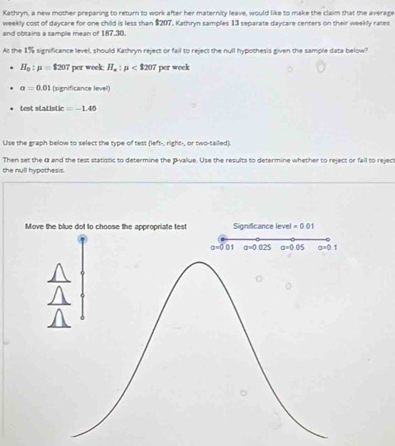 Kathryn, a new mother preparing to return to work after her maternity leave, would like to make the claim that the average
weekly cost of daycare for one child is less than $207. Kathryn samples 13 separate daycare centers on their weekly rates
and obtains a sample mean of 187,30.
As the 1% significance level, should Kathryn reject or fail to reject the null hypothesis given the sample data below?
H_0:mu =$207per week H_a:mu
a=0.01 (significance level)
c=t statistic =-1.40
Use the graph below to select the type of test (left-, right-, or two-tailed).
Then set the α and the test statistic to determine the p -value. Use the results to determine whether to reject or fail to reject
the null hypothesis.
Move the blue dot to choose the appropriate test Significance level =001
a=0.01 a=0.025 a=0.05 alpha =0.1