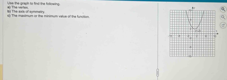 Use the graph to find the following.
a) The vertex.
b) The axis of symmetry.
c) The maximum or the minimum value of the function.