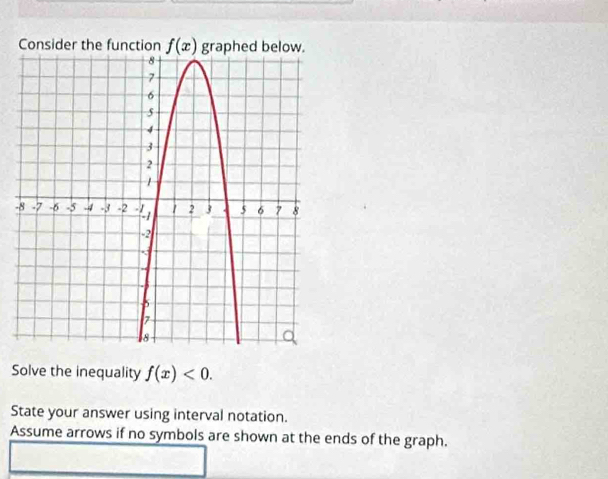 Consider the function f(x) graphed below. 
- 
Solve the inequality f(x)<0</tex>. 
State your answer using interval notation. 
Assume arrows if no symbols are shown at the ends of the graph.