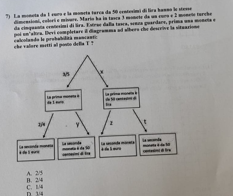 La moneta da 1 euro e la moneta turca da 50 centesimi di lira hanno le stesse
dimensioni, colori e misure. Mario ha in tasca 3 monete da un euro e 2 monete turche
da cinquanta centesimi di lira. Estrae dalla tasca, senza guardare, prima una moneta e
poi un’altra. Devi completare il diagramma ad albero che descrive la situazione
calcolando le probabilità mancanti:
che valore metti al posto della T ?
3/5 x
La prima moneta è La prima moneta è
da 50 centesimi di
da 1 euro lira
2/4 y z t
La seconda moneta La seconda La seconda moneta La seconda
moneta è da 50
moneta è da 50 è da 1 euro centesimi di lira
è da 1 euro centesimi di lira
A. 2/5
B. 2/4
C. 1/4
D. 3/4