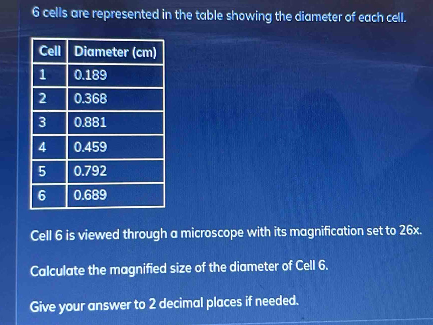 Solved: cells are represented in the table showing the diameter of each ...