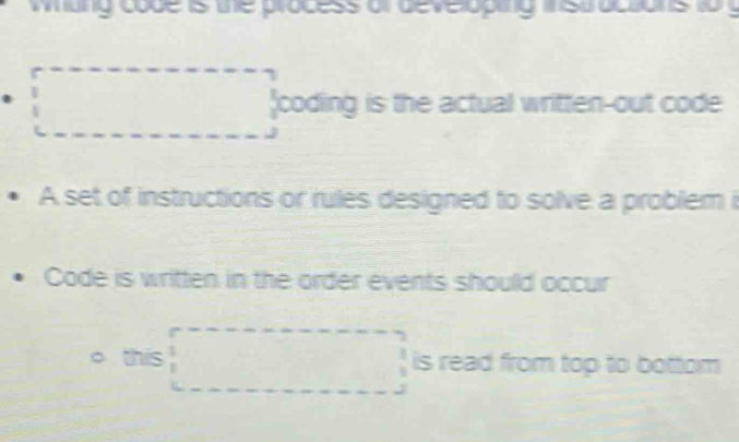 mang code is te process or de veoping isuacsons t
□ □ _1 'coding is the actual written-out code 
A set of instructions or rules designed to solve a problem i 
Code is written in the order events should occur 
this □ is read from top to bottom