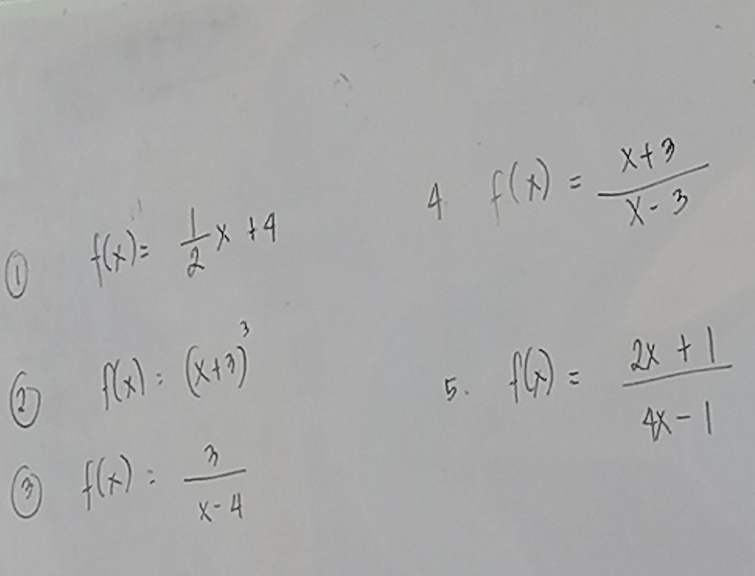 (1)
f(x)= 1/2 x+4
4 f(x)= (x+3)/x-3 
② f(x)=(x+3)^3
5. f(x)= (2x+1)/4x-1 
f(x)= 3/x-4 