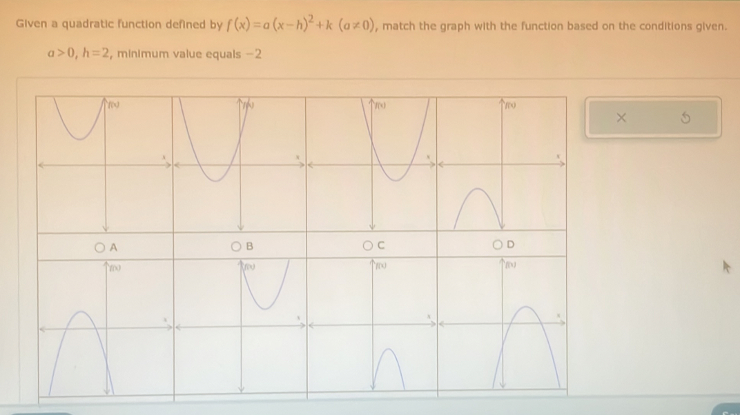 Given a quadratic function defined by f(x)=a(x-h)^2+k(a!= 0) , match the graph with the function based on the conditions given.
a>0, h=2 , minimum value equals −2
×