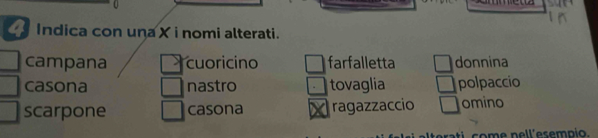 Indica con una X i nomi alterati.
campana cuoricino farfalletta donnina
casona nastro tovaglia polpaccio
scarpone casona ragazzaccio omino