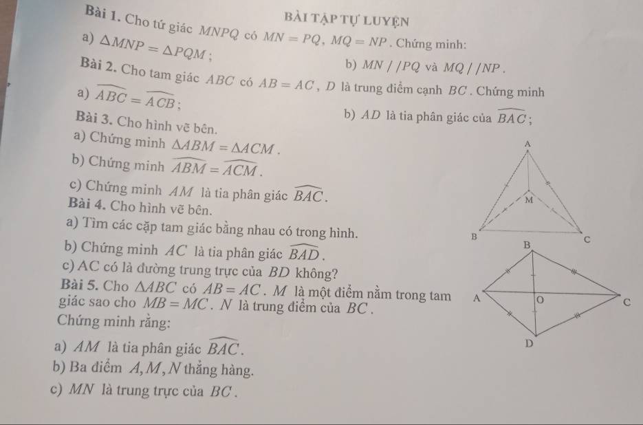 bài tập tự luyện 
Bài 1. Cho tứ giác MNPQ có MN=PQ, MQ=NP. Chứng minh: 
a) △ MNP=△ PQM : 
b) MN//PQ và MQ//NP. 
Bài 2. Cho tam giác ABC có AB=AC , D là trung điểm cạnh BC. Chứng minh 
a) widehat ABC=widehat ACB : 
b) AD là tia phân giác của widehat BAC. 
Bài 3. Cho hình vẽ bên. 
a) Chứng minh △ ABM=△ ACM. 
A 
b) Chứng minh widehat ABM=widehat ACM. 
c) Chứng minh AM là tia phân giác widehat BAC.
M
Bài 4. Cho hình vẽ bên. 
a) Tìm các cặp tam giác bằng nhau có trong hình. 
b) Chứng minh AC là tia phân giác widehat BAD. 
c) AC có là đường trung trực của BD không? 
Bài 5. Cho △ ABC có AB=AC. M là một điểm nằm trong tam 
giác sao cho MB=MC. N là trung điểm của BC. 
Chứng minh rằng: 
a) AM là tia phân giác widehat BAC. 
b) Ba điểm A, M, N thẳng hàng. 
c) MN là trung trực của BC.