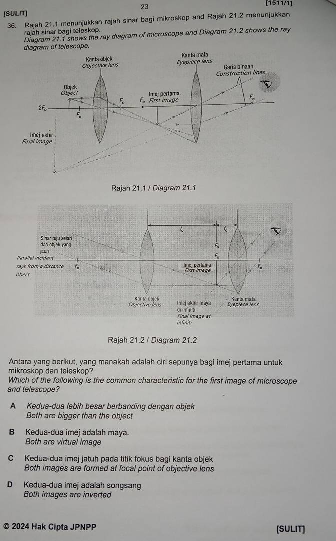 23
[1511/1]
[SULIT]
36. Rajah 21.1 menunjukkan rajah sinar bagi mikroskop and Rajah 21.2 menunjukkan
rajah sinar bagi teleskop.
Diagram 21.1 shows the ray diagram of microscope and Diagram 21.2 shows the ray
diagram of telescope.
Rajah 21.1 / Diagram 21.1
Rajah 21.2 / Diagram 21.2
Antara yang berikut, yang manakah adalah ciri sepunya bagi imej pertama untuk
mikroskop dan teleskop?
Which of the following is the common characteristic for the first image of microscope
and telescope?
A Kedua-dua lebih besar berbanding dengan objek
Both are bigger than the object
B Kedua-dua imej adalah maya.
Both are virtual image
C Kedua-dua imej jatuh pada titik fokus bagi kanta objek
Both images are formed at focal point of objective lens
D Kedua-dua imej adalah songsan
Both images are inverted
© 2024 Hak Cipta JPNPP
[SULIT]