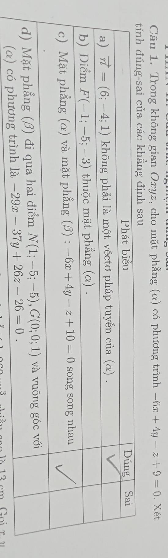 Trong không gian Oxyz, cho mặt phẳng (α) có phương trình -6x+4y-z+9=0. Xét
3