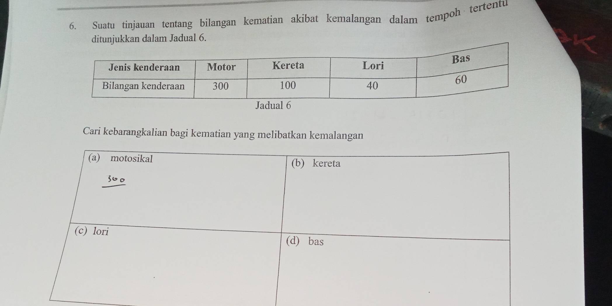 Suatu tinjauan tentang bilangan kematian akibat kemalangan dalam tempoh tertentu 
ditunjukkan dalam Jadual 6. 
Cari kebarangkalian bagi kematian yang melibatkan kemalangan