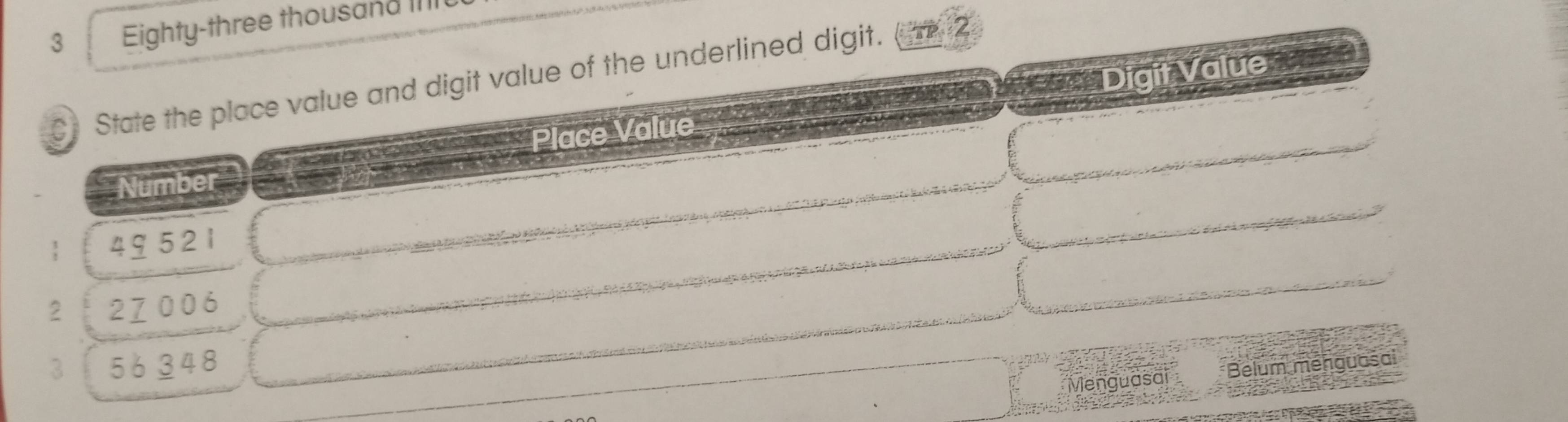 Eighty-three thousand III
C State the place value and digit value of the underlined digit.
Place Value == Digit Value 
Number! 49521
2 27006
3 56348 Belum menguasai
Menguasai