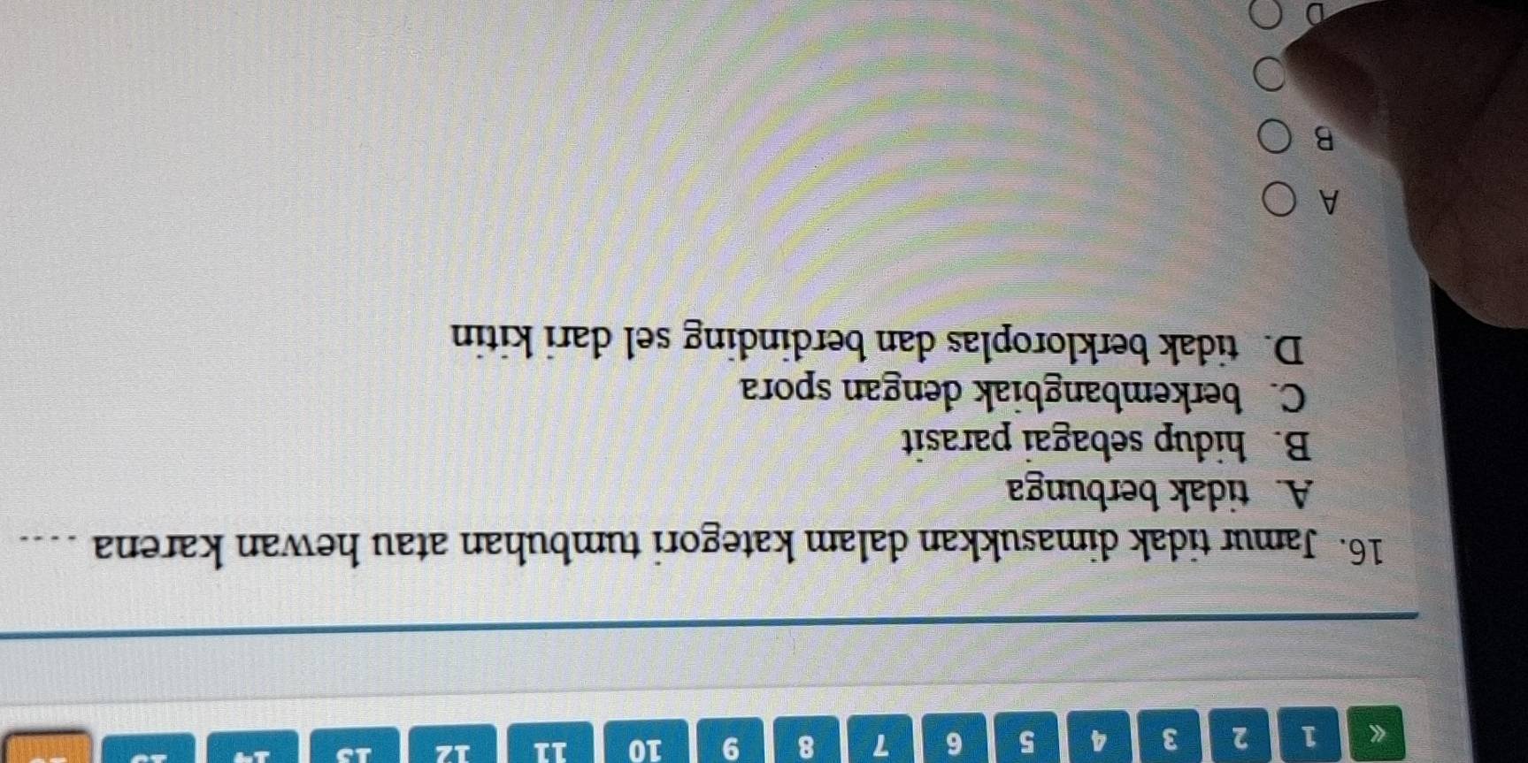 《 1 2 3 4 5 6 7 8 9 10 11 12 15
16. Jamur tidak dimasukkan dalam kategori tumbuhan atau hewan karena ...
A. tidak berbunga
B. hidup sebagai parasit
C. berkembangbiak dengan spora
D. tidak berkloroplas dan berdinding sel dari kitin
A
B