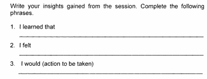 Write your insights gained from the session. Complete the following 
phrases. 
1. I learned that 
_ 
2. I felt 
_ 
3. I would (action to be taken) 
_