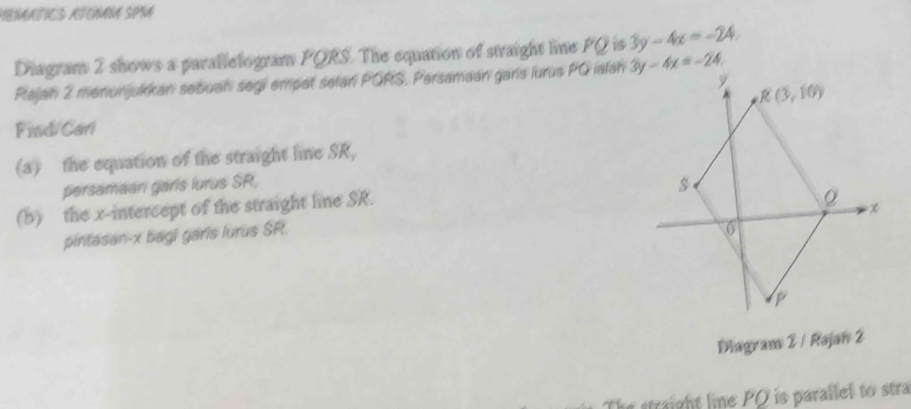 HRMATICS ATOMM SPM
Diagram 2 shows a parallelogram PQRS. The equation of straight line PQ is 3y-4x=-24.
Pajah 2 menunjukkan sebuah segi empat selan PQRS, Persamaan garis lurus PQ ialah
Find/Cari
(a) the equation of the straight line SR,
persamaan garis lurus SR, 
(b) the x-intercept of the straight line SR.
pintasan-x bagi garis lurus SR.
Diagram 2 / Rajan 2
The straight line PO is parallel to stra