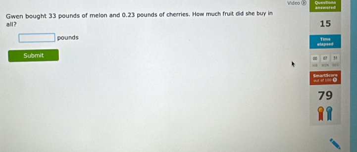 Questions 
Video 0 answered 
Gwen bought 33 pounds of melon and 0.23 pounds of cherries. How much fruit did she buy in 
all?
15
_  pounds Time 
elapsed 
Submit
0 07 51
MTN sC 
SmartScore out of 100 ①
79
RR