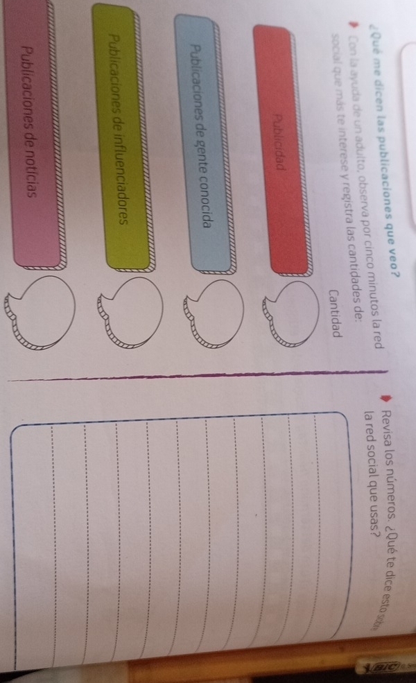¿Qué me dicen las publicaciones que veo?
Revisa los números. ¿Qué te dice esto sobre
Con la ayuda de un adulto, observa por cinco minutos la red la red social que usas? 5
social que más te interese y registra las cantidades de:
Cantidad
Publicidad
Publicaciones de gente conocida
Publicaciones de influenciadores
Publicaciones de notícias
