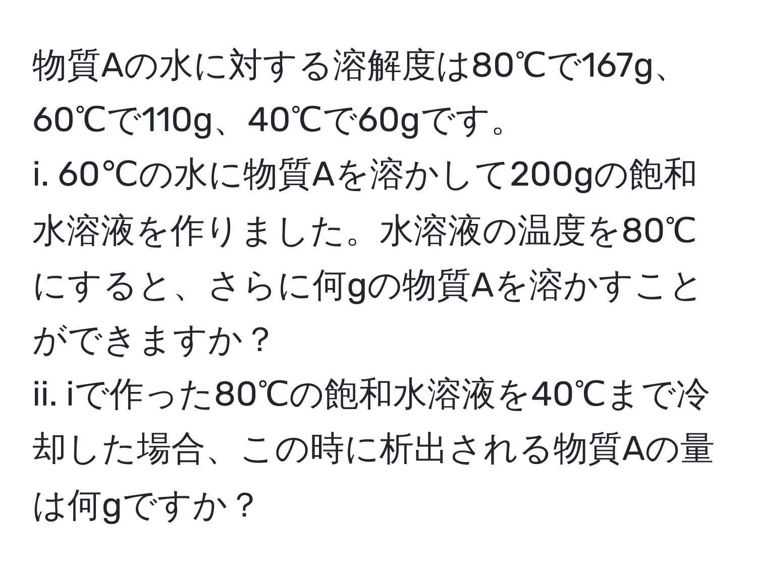 物質Aの水に対する溶解度は80℃で167g、60℃で110g、40℃で60gです。  
i. 60℃の水に物質Aを溶かして200gの飽和水溶液を作りました。水溶液の温度を80℃にすると、さらに何gの物質Aを溶かすことができますか？  
ii. iで作った80℃の飽和水溶液を40℃まで冷却した場合、この時に析出される物質Aの量は何gですか？