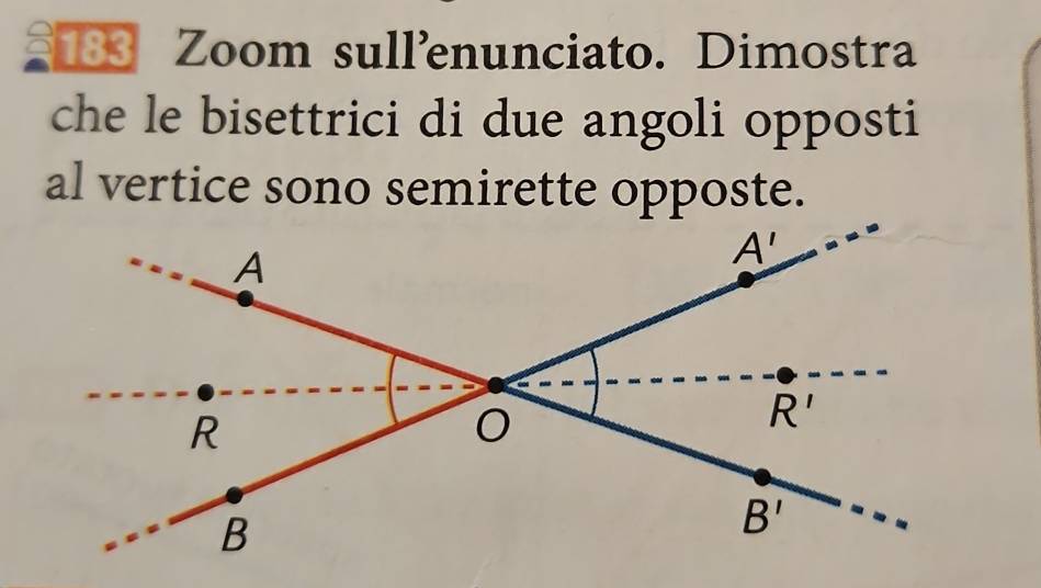 183 Zoom sull’enunciato. Dimostra
che le bisettrici di due angoli opposti
al vertice sono semirette opposte.