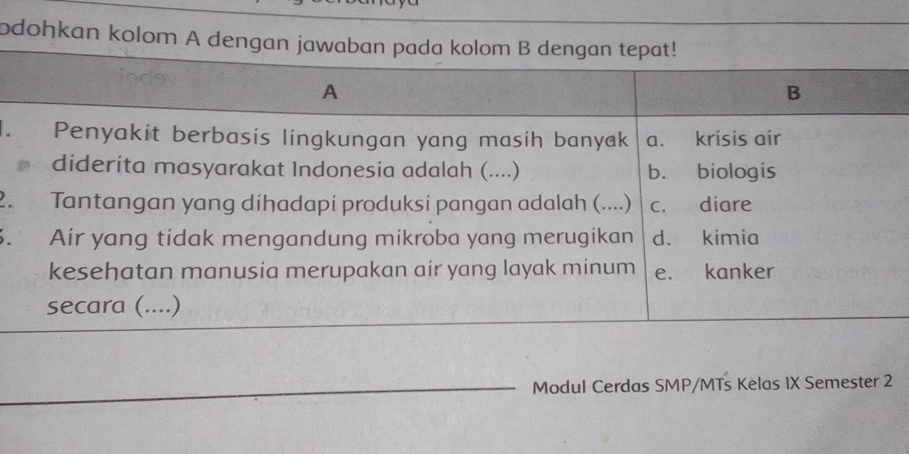 odohkan kolom A dengan jawaban pada ko 
2. 
. 
Modul Cerdas SMP/MTs Kelas IX Semester 2