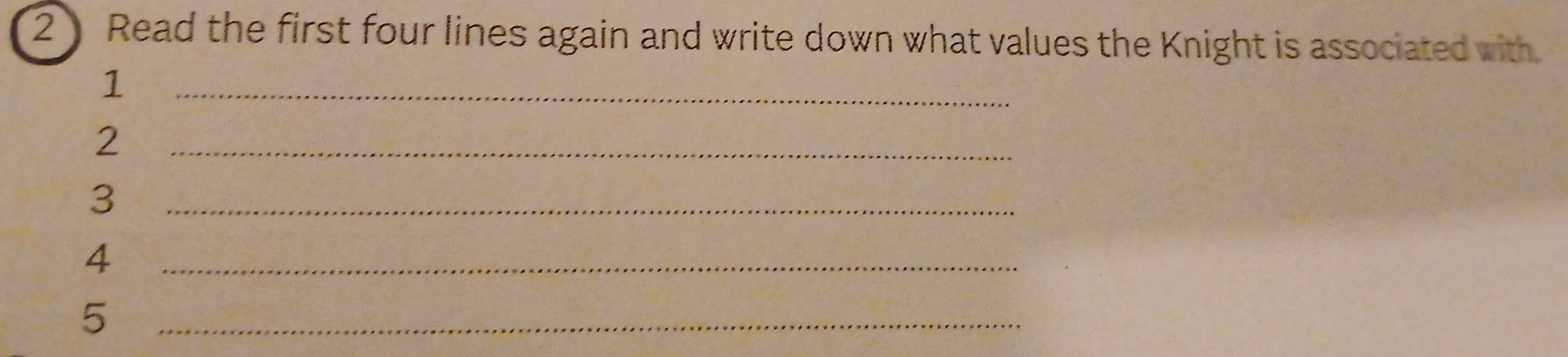 Read the first four lines again and write down what values the Knight is associated with 
1 
_ 
2 
_ 
3 
_ 
_4 
_5