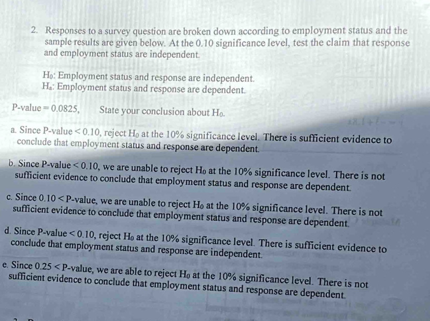 Responses to a survey question are broken down according to employment status and the
sample results are given below. At the 0.10 significance level, test the claim that response
and employment status are independent.
H₀: Employment status and response are independent.
H_a; Employment status and response are dependent.
P -value =0.0825 State your conclusion about H_0.
a. Since P -value <0.10 , reject H_0 at the 10% significance level. There is sufficient evidence to
conclude that employment status and response are dependent.
b. Since P -value <0.10 , we are unable to reject H_0 at the 10% significance level. There is not
sufficient evidence to conclude that employment status and response are dependent
c. Since 0.10 -value, we are unable to reject H_0 at the 10% significance level. There is not
sufficient evidence to conclude that employment status and response are dependent.
d. Since P -value <0.10 , reject H at the 10% significance level. There is sufficient evidence to
conclude that employment status and response are independent.
e. Since 0.25 -value, we are able to reject H_0 at the 10% significance level. There is not
sufficient evidence to conclude that employment status and response are dependent.