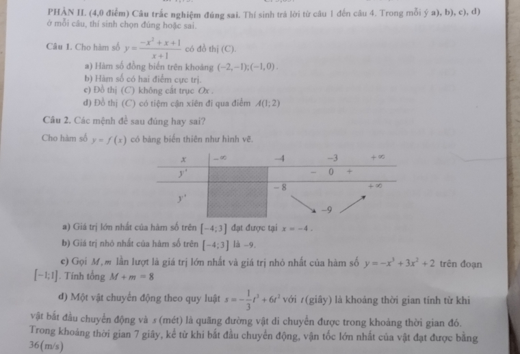 PHÀN II. (4,0 điểm) Câu trắc nghiệm đúng sai. Thí sinh trá lời từ câu 1 đến câu 4. Trong mỗi ý a), b), c), d)
ở mỗi câu, thí sinh chọn đúng hoặc sai
Câu 1. Cho hàm số y= (-x^2+x+1)/x+1  có đồ thị (C).
a) Hàm số đồng biến trên khoảng (-2,-1);(-1,0).
b) Hàm số có hai điểm cực trị.
c) Đồ thị (C) không cắt trục Ox .
d) Đồ thị (C) có tiệm cận xiên đi qua điểm A(1;2)
Câu 2. Các mệnh đề sau đúng hay sai?
Cho hàm số y=f(x) có bảng biến thiên như hình vẽ.
a) Giá trị lớn nhất của hàm số trên [-4;3] đạt được tại x=-4.
b) Giá trị nhỏ nhất của hàm số trên [-4;3] là -9,
c) Gọi M, m lần lượt là giá trị lớn nhất và giá trị nhỏ nhất của hàm số y=-x^3+3x^2+2 trên đoạn
[-1;1]. Tính tổng M+m=8
d) Một vật chuyển động theo quy luật s=- 1/3 t^3+6t^2 với /(giây) là khoảng thời gian tính từ khi
vật bắt đầu chuyển động và s (mét) là quãng đường vật di chuyển được trong khoảng thời gian đó.
Trong khoảng thời gian 7 giây, kể từ khi bắt đầu chuyển động, vận tốc lớn nhất của vật đạt được bằng
36(m/s)