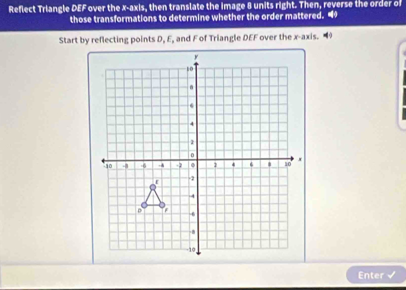 Reflect Triangle DEF over the x-axis, then translate the image 8 units right. Then, reverse the order of 
those transformations to determine whether the order mattered. 
Start by reflecting points D, E, and F of Triangle DEF over the x-axis. 
Enter √