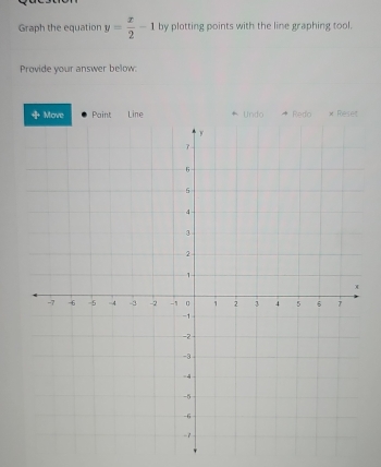 Graph the equation y= x/2 -1 by plotting points with the line graphing tool. 
Provide your answer below: