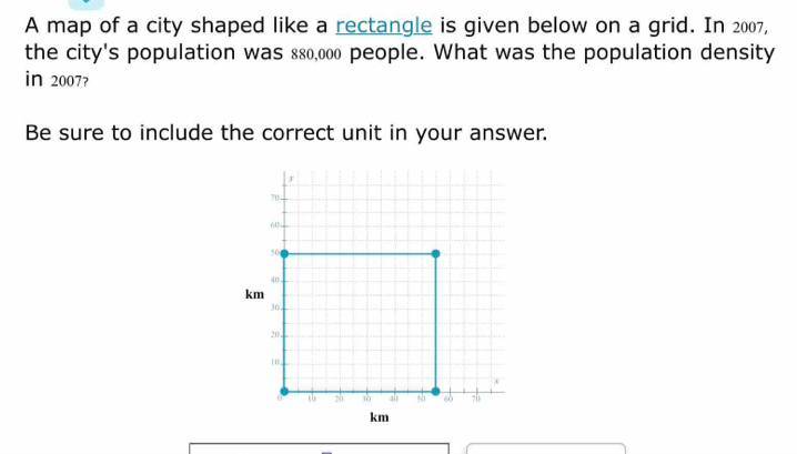 A map of a city shaped like a rectangle is given below on a grid. In 2007, 
the city's population was 880,000 people. What was the population density 
in 2007? 
Be sure to include the correct unit in your answer.
k
km