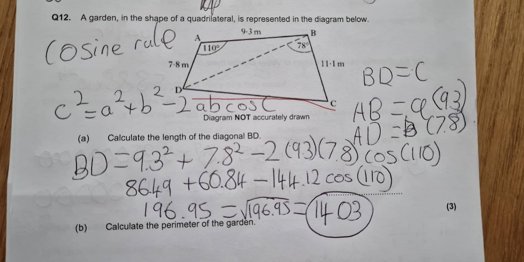 A garden, in the shape of a quadrilateral, is represented in the diagram below.
Diagram NOT accurately drawn
(a) Calculate the length of the diagonal BD.
(3)
(b) Calculate the perimeter of the garden.