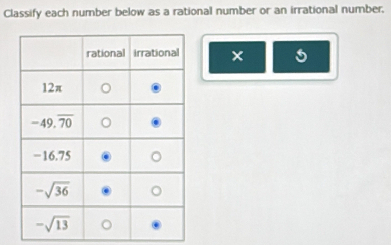 Classify each number below as a rational number or an irrational number.