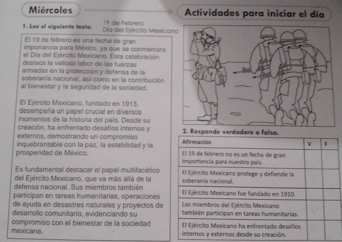 Miércoles Actividades para iniciar el día
19 de Febrero 
1. Lee el siguiente texto. Día del Ejército Mexican 
El 19 de febrero es una fecha de gran 
importancia para México, ya que se conmemora 
el Día del Ejército Mexicano. Esta celebración 
destaca la valíosa labor de las fuerzas 
armadas en la protección y defensa de la 
soberanía nacional, así como en la contribución 
al bienestar y la seguridad de la sociedad. 
El Ejército Mexicano, fundado en 1913, 
desempeña un papel crucial en diversos 
momentos de la historia del país. Desde su 
creación, ha enfrentado desafíos internos y 2. Responde verdadero o falso. 
externos, demostrando un compromiso 
inquebrantable con la paz, la estabilidad y la 
Afirmación 
V F 
prosperidad de México. El 19 de febrero no es un fecha de gran 
importancia para nuestro país. 
Es fundamental destacar el papel multifacético El Ejército Mexicano protege y defiende la 
del Ejército Mexicano, que va más allá de la soberanía nacional. 
defensa nacional. Sus miembros también 
participan en tareas humanitarias, operaciones 
El Ejército Mexicano fue fundado en 1910. 
de ayuda en desastres naturales y proyectos de Los miembros del Ejército Mexicano 
desarrollo comunitario, evidenciando su también participan en tareas humanitarias. 
compromiso con el bienestar de la sociedad El Ejército Mexicano ha enfrentado desafíos 
mexicana. internos y externos desde su creación.