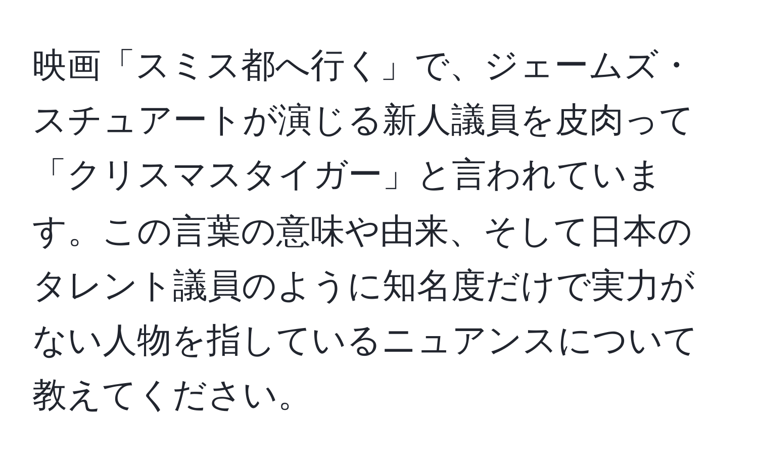 映画「スミス都へ行く」で、ジェームズ・スチュアートが演じる新人議員を皮肉って「クリスマスタイガー」と言われています。この言葉の意味や由来、そして日本のタレント議員のように知名度だけで実力がない人物を指しているニュアンスについて教えてください。