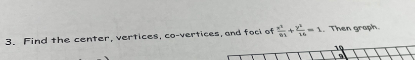 Find the center, vertices, co-vertices, and foci of  x^2/81 + y^2/16 =1. Then graph.
10
9