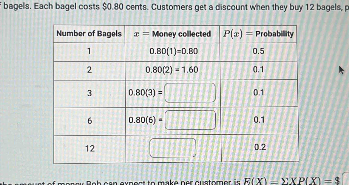 bagels. Each bagel costs $0.80 cents. Customers get a discount when they buy 12 bagels, p
y   o b can exnect to make per customer is E(X)=sumlimits XP(X)=$