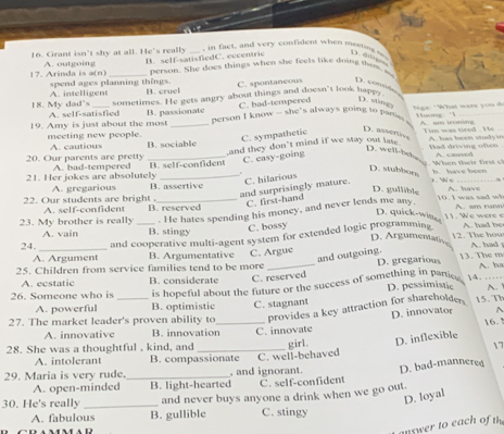 Grant isn't shy at all. He's really _, in fact, and very confident when mesuns s (. 6
B. self-satisfiedC. eccentric
17. Arinda is a(n) A. outgoing _Person. She does things when she feels like doing tm, w
A. intelligent spend ages planning things C. spontaneous   com
B. cruel
sometimes. He gets angry about things and doesn't look happy
18. My dad's A. self-satisfied
19. Amy is just about the most B. passionate C. had-tempered D. sting
person I know - she's always going to pa  .  ư       
Aa om
C. sympathetic
D. assentive
meeting new people. A. cautious B. sociable A. has been studyin
and they don't mind if we stay out late . im was tired . He .
Had driving ofen  A. caved
20. Our parents are pretty A. bad-tempered _B. self-confident
C. casy-going
D. well-behang, when their first ch
D. stubbor
21. Her jokes are absolutely _) N t     have  h e    
and surprisingly mature. C. hilarious
A. gregarious B. assertive A. havs
D. gullible
C. first-hand
22. Our students are bright . A. self-confident B. reserved A. am runn
. He hates spending his money, and never lends me any
10. I was sad w
D. quick-witte 11. We weree
C. bossy
A. vain A. had be
23. My brother is really B. stingy D. Argumentatiov
24. _and cooperative multi-agent system for extended logic programming 12. The how A. had 
and outgoing.
A. Argument B. Argumentative C. Argue
25. Children from service families tend to be more _D. gregarious 13. The m A. lv
A. ecstatic B. considerate C. reserved
4. …
26. Someone who is is hopeful about the future or the success of something in partic D. pessimistic A
A. powerful B. optimistic
^
27. The market leader's proven ability to C. stagnant D. innovator 15. Th
16.
28. She was a thoughtful , kind, and __C. innovate provides a key attraction for shareholder
A. innovative B. innovation
17
A. intolerant B. compassionate girl. D. inflexible
29. Maria is very rude. , and ignorant. C. well-behaved
A. open-minded _B. light-hearted C. self-confident D. bad-mannered
D. loyal
30. He's really _and never buys anyone a drink when we go out.
A. fabulous B. gullible C. stingy
unswer to each of m