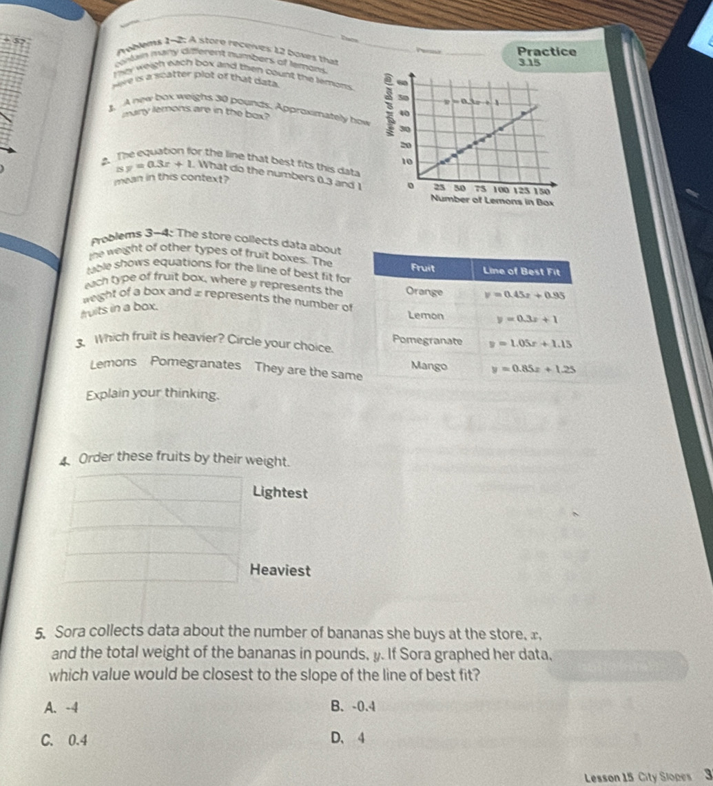 Pe Practice
froblems 2-2 : A store receives 12 boves that
3.15
conlain many different numbers of temons.
They weigh each box and then count the lemons.
aeve is a scatter plot of that data 
. A new box weighs 30 pounds. Approximately how
many lemons are in the box?
or the line that best fits this data
xy=0.3x+1 What do the numbers 0.3 and 1 
mean in this context?
Problems 3-4: The store collects data about
the weight of other types of fruit boxes. The
lable shows equations for the line of best fit for
each type of fruit box, where y represents the
weight of a box and ± represents the number of
truits in a box.
3. Which fruit is heavier? Circle your choice
Lemons Pomegranates They are the sam
Explain your thinking.
4. Order these fruits by their weight.
Lightest
Heaviest
5. Sora collects data about the number of bananas she buys at the store, x,
and the total weight of the bananas in pounds, y. If Sora graphed her data,
which value would be closest to the slope of the line of best fit?
A. -4 B、 -0.4
C. 0.4 D、4
Lesson 15 City Slopes 3