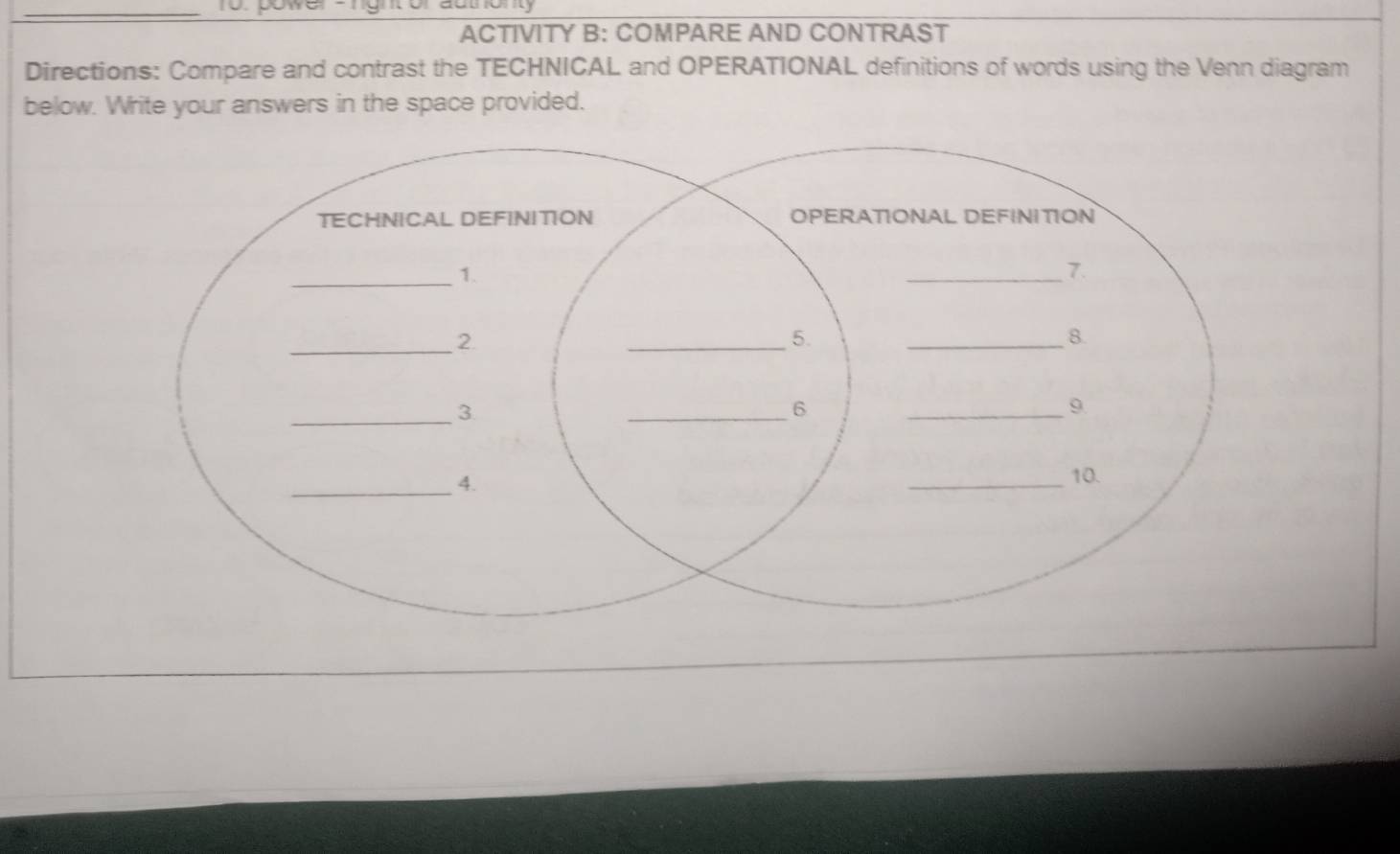 to.powe 
ACTIVITY B: COMPARE AND CONTRAST 
Directions: Compare and contrast the TECHNICAL and OPERATIONAL definitions of words using the Venn diagram 
below. Write your answers in the space provided.