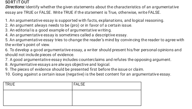 SORTITOUT 
Directions: Identify whether the given statements about the characteristics of an argumentative 
essay are TRUE or FALSE. Write TRUE if the statement is True, otherwise, write FALSE. 
1. An argumentative essay is supported with facts, explanations, and logical reasoning. 
2. An argument always needs to be (pro) or in favor of a certain issue. 
3. An editorial is a good example of argumentative writing. 
4. An argumentative essay is sometimes called a descriptive essay. 
5. An argumentative essay tries to change the reader's mind by convincing the reader to agree with 
the writer's point of view. 
6. To develop a good argumentative essay, a writer should present his/her personal opinions and 
should not include pieces of evidence. 
7. A good argumentative essay includes counterclaims and refutes the opposing argument. 
8. Argumentative essays are always objective and logical. 
9. The pieces of evidence should be presented first before the issue or claim. 
10. Going against a certain issue (negative) is the best content for an argumentative essay.