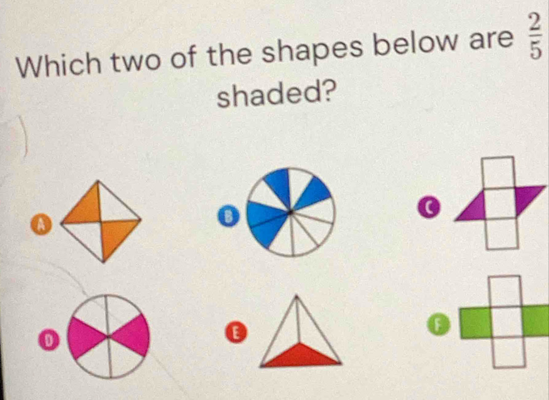 Which two of the shapes below are  2/5 
shaded? 
o 
a 
o