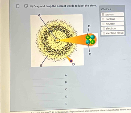 Drag and drop the correct words to label the atom. 
Choices 
H proton 
I nucleus 
11 neutron 
I electron 
: electron cloud 
_ 
A 
_ 
B 
_ 
C 
_ 
D 
_ 
E 
All rights reserved. Reproduction of all or portions of this work is prohibited without expr