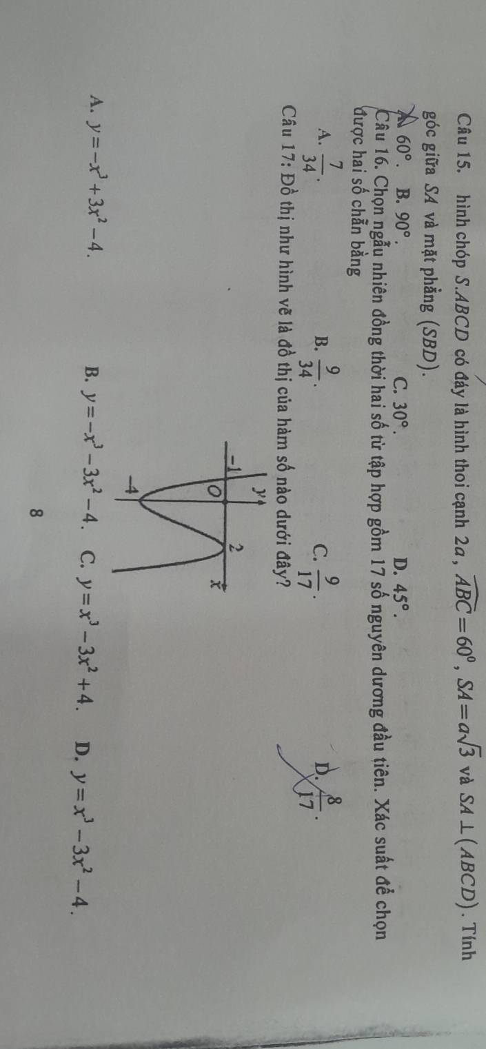 hình chóp S. ABCD có đáy là hình thoi cạnh 2a , widehat ABC=60^0, SA=asqrt(3) và SA⊥ (ABCD). Tính
góc giữa SA và mặt phẳng (SBD).
60° B. 90°. C. 30°. D. 45°. 
Câu 16. Chọn ngẫu nhiên đồng thời hai số từ tập hợp gồm 17 số nguyên dương đầu tiên. Xác suất để chọn
được hai số chẵn bằng
A.  7/34 .  9/34 .  9/17 .  8/17 . 
B.
C.
D.
Câu 17: Đồ thị như hình vẽ là đồ thị của hàm số nào dưới đây?
A. y=-x^3+3x^2-4. B. y=-x^3-3x^2-4 C. y=x^3-3x^2+4. D. y=x^3-3x^2-4. 
8