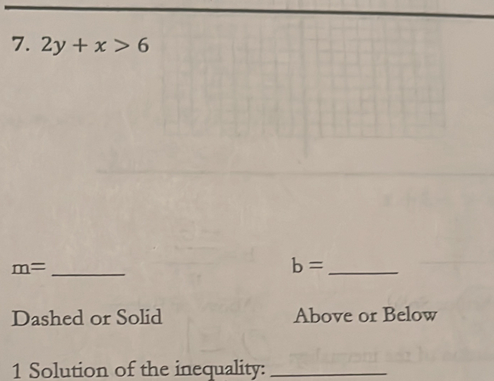 2y+x>6
_ m=
b= _ 
Dashed or Solid Above or Below 
1 Solution of the inequality:_