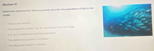 Review It!
Select the statement(s) that accurately describe the population of fish in the
image.
There is low density
The population number can be determined from the image.
It is very crowded and densely populated.
The distribution pattern is clumped.
The dispersion pattern is random.