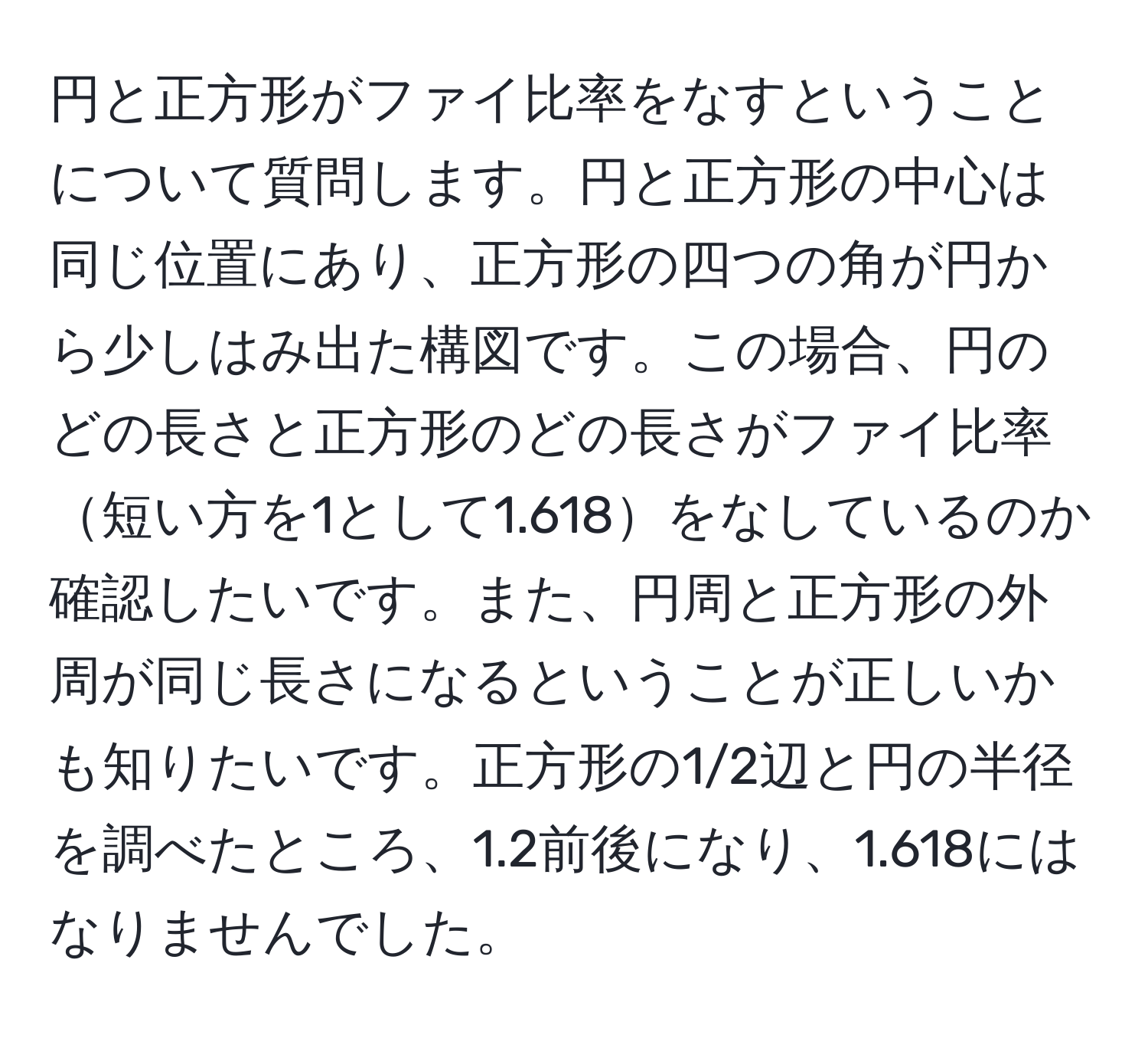 円と正方形がファイ比率をなすということについて質問します。円と正方形の中心は同じ位置にあり、正方形の四つの角が円から少しはみ出た構図です。この場合、円のどの長さと正方形のどの長さがファイ比率短い方を1として1.618をなしているのか確認したいです。また、円周と正方形の外周が同じ長さになるということが正しいかも知りたいです。正方形の1/2辺と円の半径を調べたところ、1.2前後になり、1.618にはなりませんでした。