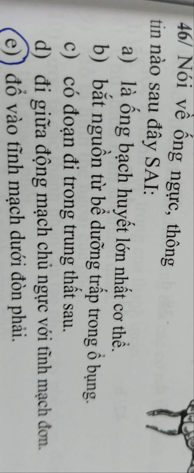 46/ Nói về ồng ngực, thông
tin nào sau đây SAI:
a) là ống bạch huyết lớn nhất cơ thể.
b) bắt nguồn từ bể dưỡng trấp trong ổ bụng.
c) có đoạn đi trong trung thất sau.
d) đi giữa động mạch chủ ngực với tĩnh mạch đơn.
(e)) đổ vào tĩnh mạch dưới đòn phải.
