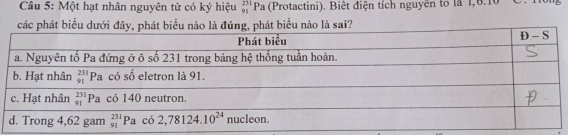 Một hạt nhân nguyên tử có ký hiệu _(91)^(231)Pa (Protactini). Biết điện tích nguyên to là 1,0.10
các phát biểu dưới đây, phát biểu nào là đúng, phát biểu nào là sai?