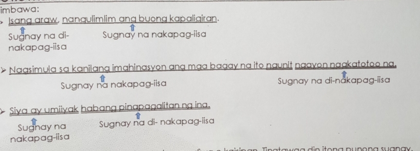 imbawa: 
Isang araw, nangulimlim ang buong kapaligiran. 
Sugnay na di- Sugnay na nakapag-iisa 
nakapag-iisa 
Naasimula sa kanilang imahinasyon ang mạa bagay na ito naunit ngayon naakatotoo na. 
Sugnay na nakapag-iisa Sugnay na di-nakapag-iisa 
Siya ay umiiyak habang pinapagalitan ng ina. 
Sughay na *Sugnay na di- nakapag-iisa 
nakapag-iisa 
wag din itong punong suanay .