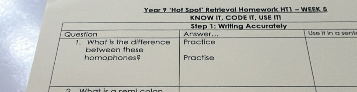 Year 9 ‘Hot Spot’ Retrieval Homework HT1 - WEEK 5 
t