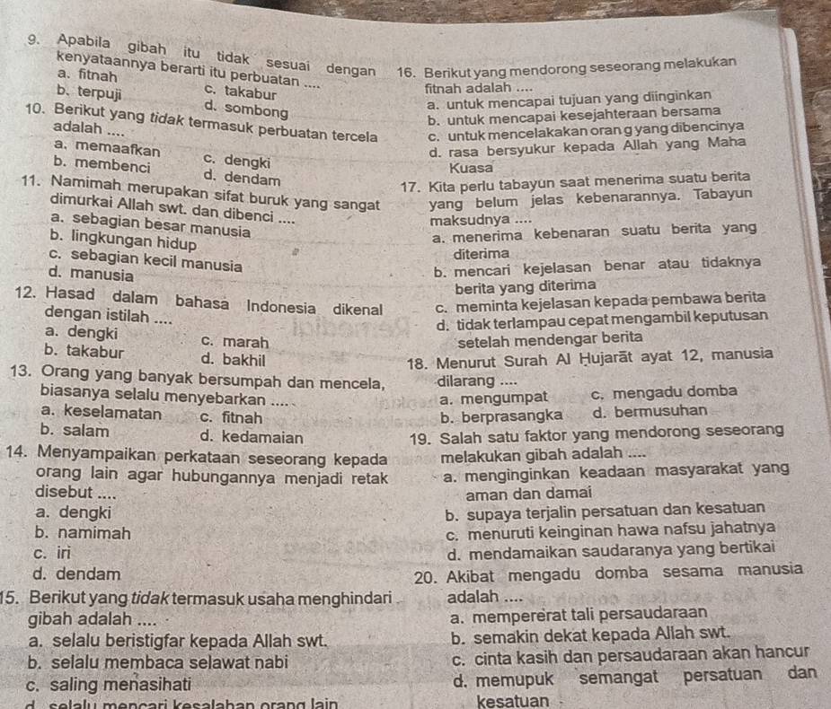 Apabila gibah itu tidak sesuai dengan - . 16. Berikut yang mendorong seseorang melakukan
kenyataannya berarti itu perbuatan ....
a. fitnah c. takabur
fitnah adalah ....
b、 terpuji d. sombong
a. untuk mencapai tujuan yang diinginkan
b. untuk mencapai kesejahteraan bersama
10. Berikut yang tidak termasuk perbuatan tercela c. untuk mencelakakan oran g yang dibencinya
adalah ....
d. rasa bersyukur kepada Allah yang Maha
a. memaafkan c. dengki
Kuasa
b. membenci d. dendam
17. Kita perlu tabayun saat menerima suatu berita
11. Namimah merupakan sifat buruk yang sangat yang belum jelas kebenarannya. Tabayun
dimurkai Allah swt. dan dibenci ....
maksudnya ....
a. sebagian besar manusia
b. lingkungan hidup
a. menerima kebenaran suatu berita yang
diterima
c. sebagian kecil manusia
d. manusia
b. mencari kejelasan benar atau tidaknya
berita yang diterima
12. Hasad dalam bahasa Indonesia dikenal c. meminta kejelasan kepada pembawa berita
dengan istilah ....
d. tidak terlampau cepat mengambil keputusan
a. dengki c. marah setelah mendengar berita
b. takabur d. bakhil
18. Menurut Surah Al Ḥujarāt ayat 12, manusia
13. Orang yang banyak bersumpah dan mencela, dilarang ....
biasanya selalu menyebarkan .... a. mengumpat c. mengadu domba
a. keselamatan c. fitnah b. berprasangka d. bermusuhan
b. salam d. kedamaian 19. Salah satu faktor yang mendorong seseorang
14. Menyampaikan perkataan seseorang kepada melakukan gibah adalah ....
orang lain agar hubungannya menjadi retak a. menginginkan keadaan masyarakat yang
disebut .... aman dan damai
a. dengki b. supaya terjalin persatuan dan kesatuan
b. namimah c. menuruti keinginan hawa nafsu jahatnya
c. iri d. mendamaikan saudaranya yang bertikai
d. dendam 20. Akibat mengadu domba sesama manusia
15. Berikut yang tidak termasuk usaha menghindari adalah ....
gibah adalah …._
a. mempererat tali persaudaraan
a. selalu beristigfar kepada Allah swt. b. semakin dekat kepada Allah swt.
b. selalu membaca selawat nabi c. cinta kasih dan persaudaraan akan hancur
c. saling menasihati d. memupuk semangat persatuan dan
d  s elalu mençari kesalahan orang lain kesatuan