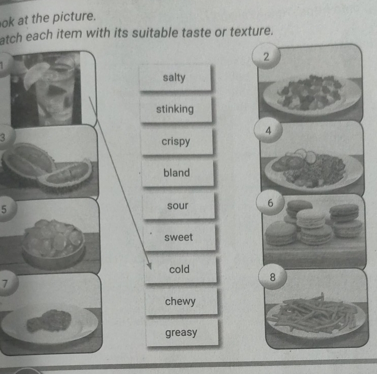 ok at the picture.
atch each item with its suitable taste or texture.
salty
stinking
3
crispy
bland
5 sour
sweet
cold
7
chewy
greasy